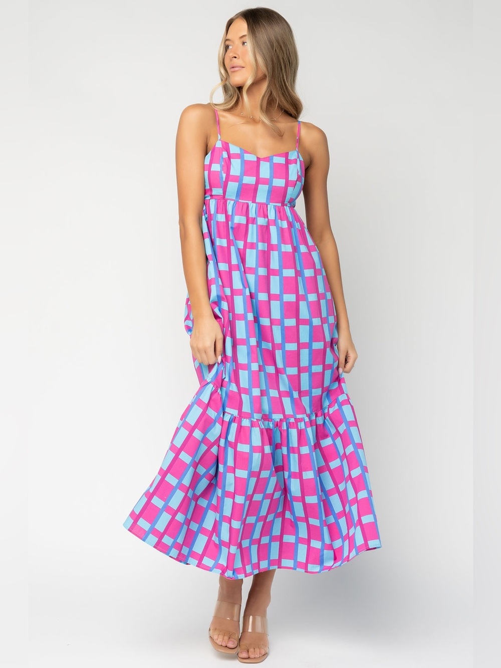 Baltic Born Rita Sleeveless Pink & Blue Check Maxi Dress, Women’s Size Large
